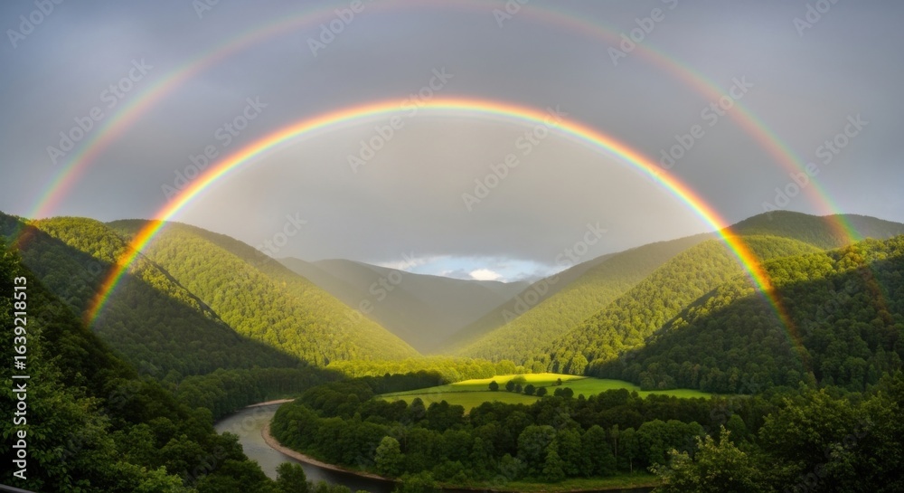 Obraz premium Double Rainbow Over Lush Green Mountains and River Scene in Natural Light