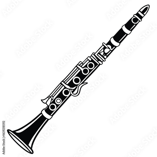 Sleek Black and White Clarinet Illustration Capturing the Elegance and Musicality of this Classic Woodwind Instrument with Intricate Key Details