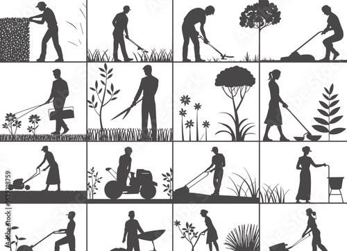 Gardening workers silhouettes, lawn mowing, tree trimming, planting, landscaping, hedge cutting, outdoor maintenance, vector illustration for garden care, agriculture, farming scene