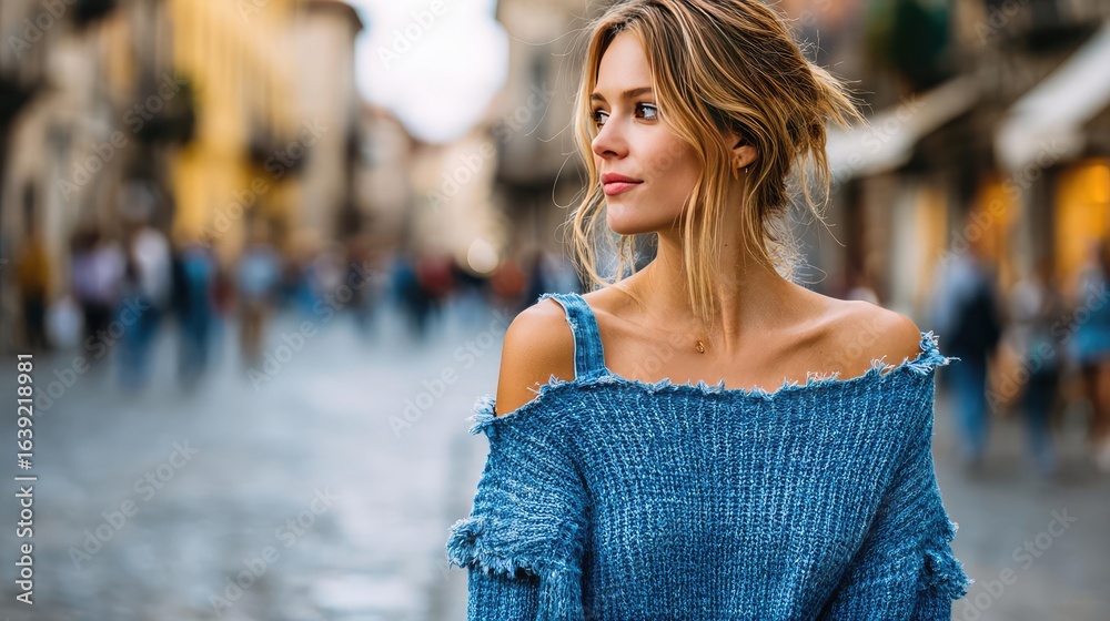 Fototapeta premium Torn sleeve with frayed fabric concept. A young woman enjoying a street moment in a vibrant city.