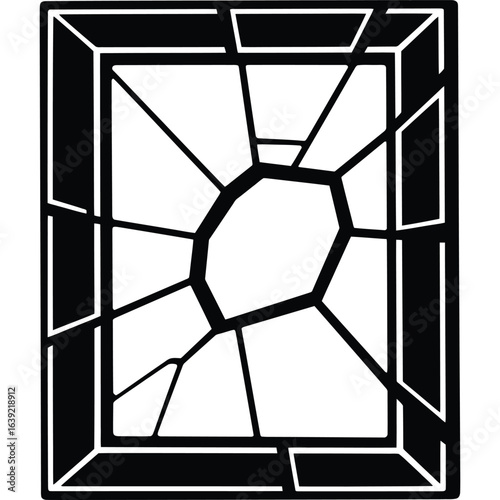 A graphic illustration of a shattered rectangular frame with a central void and radiating cracks design silhouette