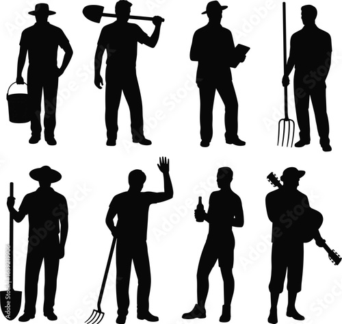 Farmer silhouettes, workers holding tools, guitar player, drinking man, agricultural labor, farming activities, vector collection for rural lifestyle design