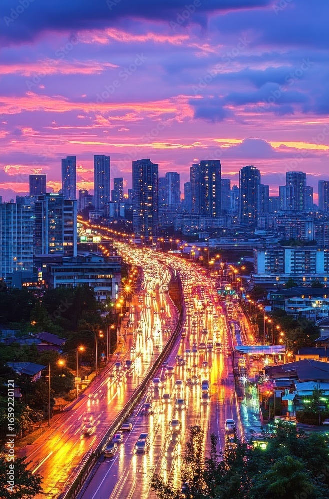 Fototapeta premium City skyline at dusk with colorful sunset clouds and busy highway filled with traffic and illuminated streetlights