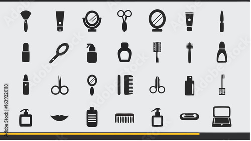 Illustration of various beauty and personal care items arranged in a grid pattern on a light background |  editable eps vectors silhouette