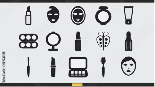 Illustration showcasing an assortment of beauty and cosmetic products in black and white style |  editable eps vectors silhouette