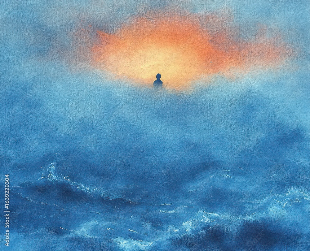 Fototapeta premium A silhouette of a Buddha statue emerging from mist and blue ocean waves with a warm orange glowing sky background evoking serenity and mysticism