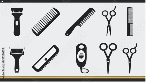 Illustration of various hairstyling tools including combs brushes and scissors in black and white design |  editable eps vectors silhouette