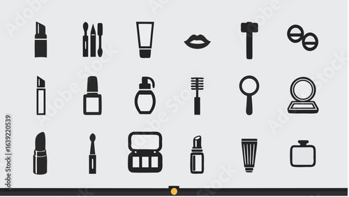 Illustration of various beauty and cosmetic products arranged in a grid on a light background |  editable eps vectors silhouette