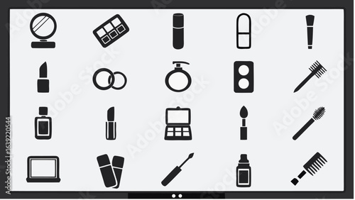 Illustration showcasing a collection of various beauty and makeup related products in black and white |  editable eps vectors silhouette