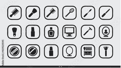 Collection of twenty beauty and grooming icons arranged on a light gray background in a grid layout |  editable eps vectors silhouette