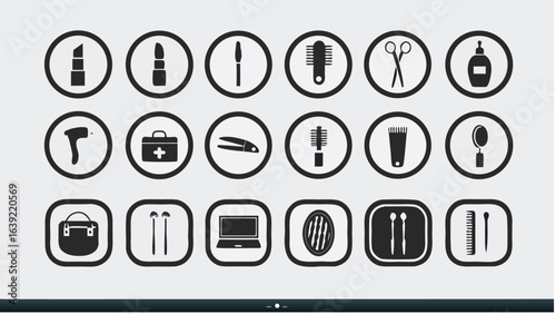 Illustration of various beauty and personal care items arranged in a grid pattern on a light background |  editable eps vectors silhouette