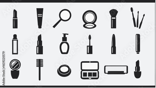 Illustration of various makeup products including lipstick brush and compact in a simple black and white style |  editable eps vectors silhouette