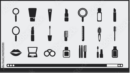 Illustration showing various beauty and cosmetic products arranged in a grid pattern on a screen |  editable eps vectors silhouette