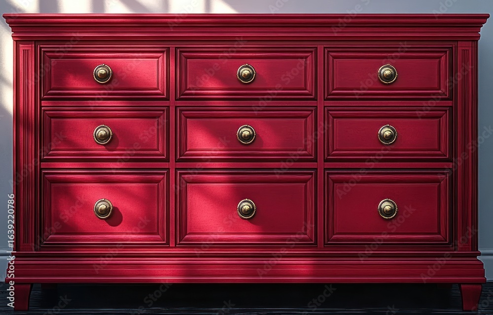 Fototapeta premium Elegant red wooden dresser with nine drawers and brass knobs illuminated by soft natural light and shadows