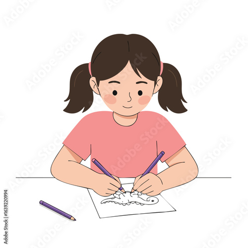 a girl is coloring a picture of a dinosaur