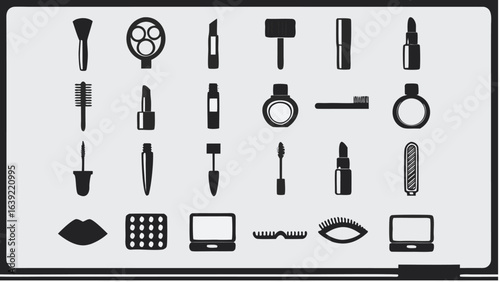Illustration of various cosmetic products including brushes lipstick and compacts in black and white style |  editable eps vectors silhouette