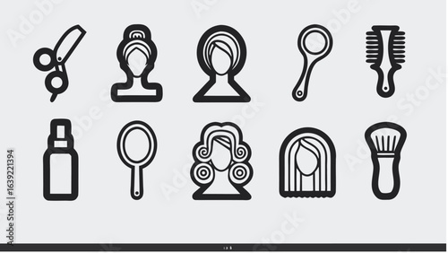 Illustration of various hairdressing and beauty tools and accessories in a simple black and white style |  editable eps vectors silhouette
