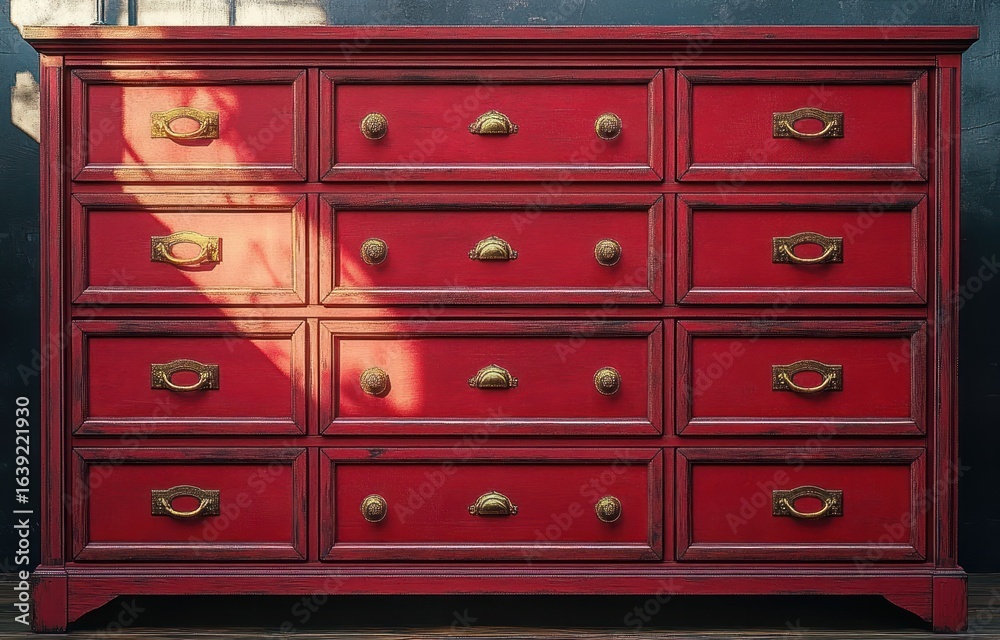 Fototapeta premium Vintage red wooden dresser with multiple drawers featuring antique brass handles standing against a dark blue wall with warm natural sunlight casting shadows