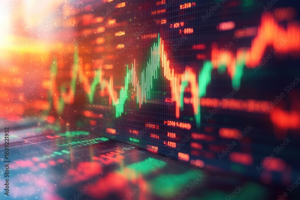 Fototapeta premium Colorful digital financial chart with fluctuating green and red candlestick and line graphs representing market data in a dynamic and vibrant setting