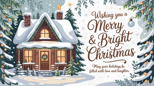 Cozy snow covered cabin with Christmas lights and Merry & Bright Christmas text Keywords