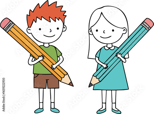 Boy and girl holding large pencils illustration in simple cartoon style for education and creativity concepts