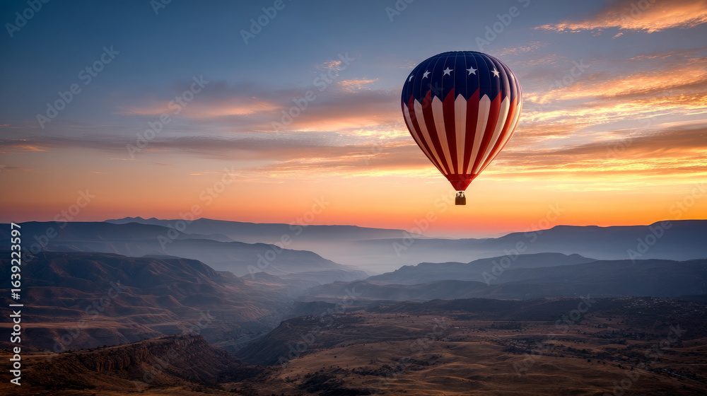 Fototapeta premium A hot air balloon in the color of the American flag floats. Election Day in the USA. America Day. Festive Mood on President's Day