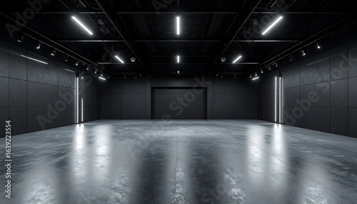 Dark Empty Industrial Room with Polished Concrete Floor and Bright Ceiling Lights