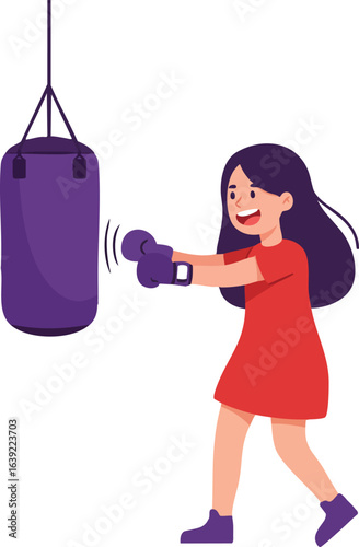 Girl practicing boxing with purple gloves and punching bag in casual red dress fitness activity vector illustration 