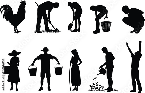 Farm life, people working in agriculture, carrying buckets, watering plants, harvesting crops, rural lifestyle, countryside scene, rooster silhouette, flat vector illustration