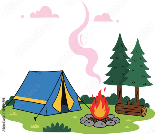 Camping tent with campfire and pine trees outdoor forest recreation nature scene vector illustration 