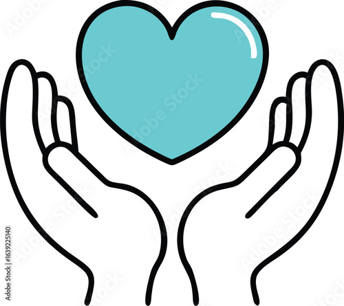 Caring hands hold a vibrant turquoise heart symbol