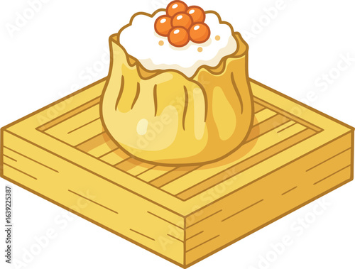 Delicious dim sum siu mai on bamboo steamer