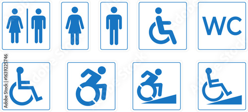 Toilet sign. Bathroom glyph icon, Washroom, Restroom, toilet sign printable public sign symbol man woman wc. Female or male WC door plate symbol. Printable sticker. Vector illustration.