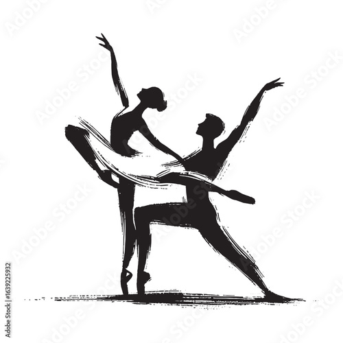 Ballet dancers brushstroke black on white vector illustration