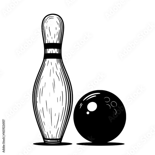 Bowling Pin and Ball Graphic: This illustration showcases a detailed graphic of a bowling pin next to a bowling ball, a simple yet evocative representation of sport.