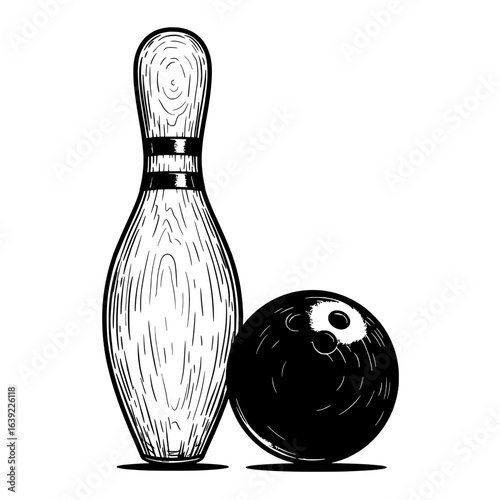 Bowling Pin and Ball: A classic bowling pin stands tall beside a perfectly round bowling ball, a black and white illustration, poised for a strike in a detailed.