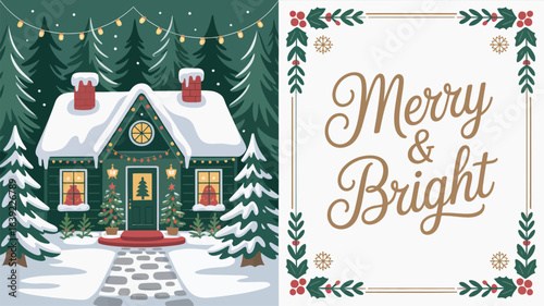 Merry Bright Christmas Greeting with Snow Covered House and Forest card