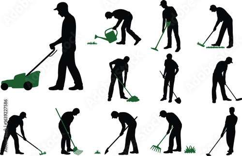 Gardening worker silhouettes, lawn mowing, watering plants, raking leaves, digging soil, garden maintenance, landscaping tools, outdoor yard care vector set