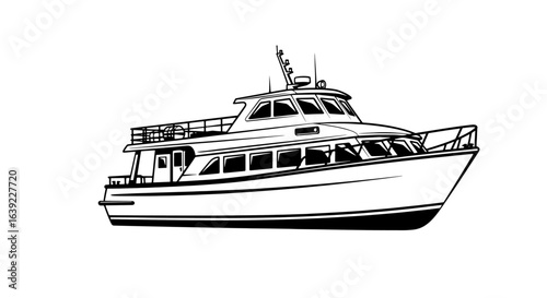 Monochrome line art illustration of a modern motor yacht, symbolizing sea travel, adventure, and a luxurious maritime lifestyle.