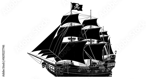 Vintage pirate ship illustration with full black sails and a Jolly Roger flag. A classic black and white sailing vessel design.