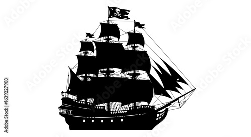 Monochrome silhouette of a pirate galleon sailing. Detailed vector illustration of a historical ship with a skull and crossbones flag.