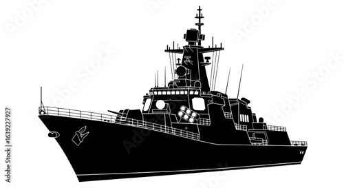 A detailed silhouette of a modern military naval vessel. Vector illustration of a warship, frigate, or destroyer isolated on a white background.