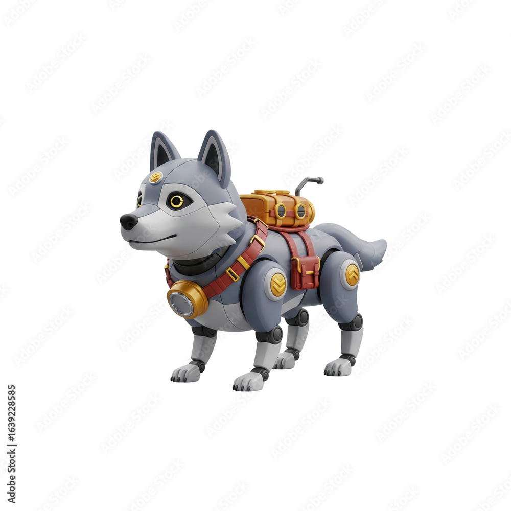 Naklejka premium Adventurous Cybernetic Dog With Backpack Exploring the World In A Futuristic Setting