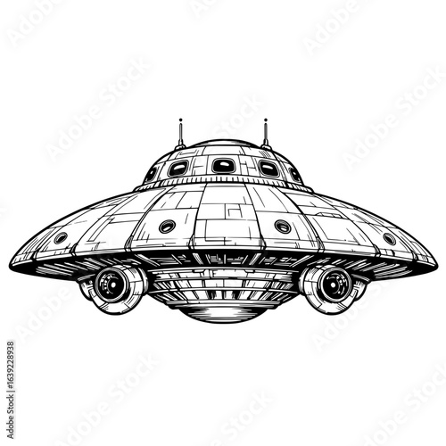 Mysterious Sky Object: A vintage-style, artistically rendered illustration of a classic flying saucer, hinting at otherworldly encounters and the allure of the unknown.