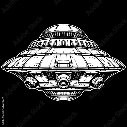 Mysterious Celestial Vessel: A detailed illustration showcases a classic, science fiction-inspired flying saucer. perfect for capturing imagination and hinting at outer space adventures.