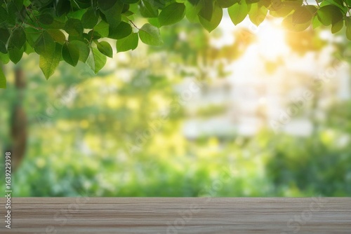 Bright sunny day with fresh green leaves hanging above a wooden surface and a soft blurred natural background