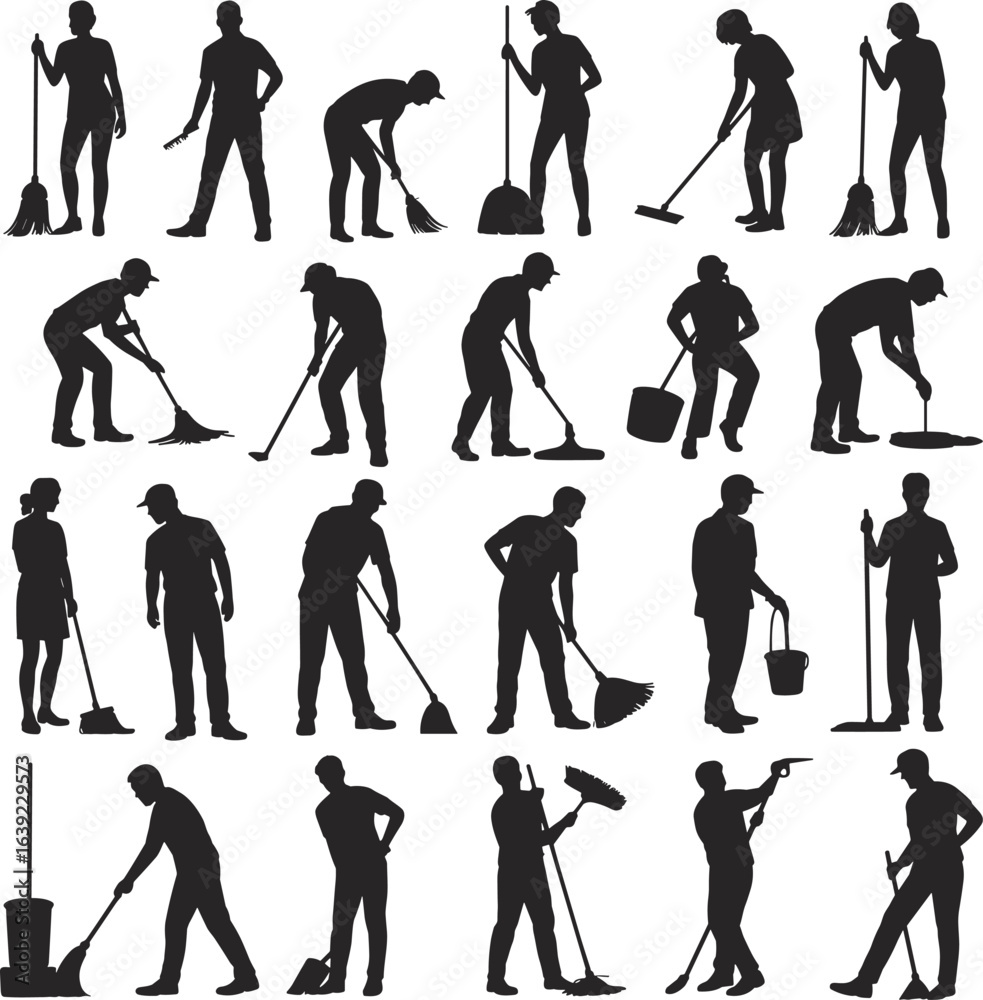 Fototapeta premium Silhouette people cleaning, sweeping, mopping, working with cleaning tools, flat vector illustration, black human figures, janitor poses, housekeeping, floor maintenance