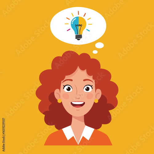 Woman with curly red hair having creative idea with light bulb thought bubble vector illustration 