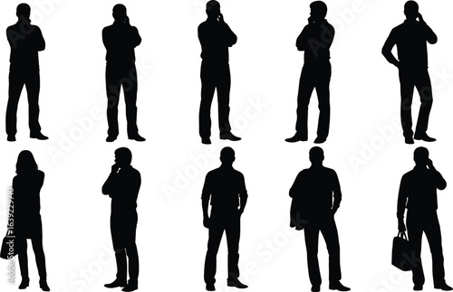 Business people silhouette collection, male and female standing poses, office professionals, thinking gestures, mobile phone talking, carrying bags, corporate lifestyle concept, isolated