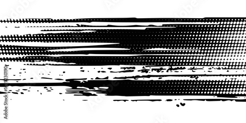 Glitch distorted grunge layer . Noise destroyed texture . Trendy defect error shapes . Overlay grunge texture . Distressed effect .Vector shapes with a halftone dots screen print texture